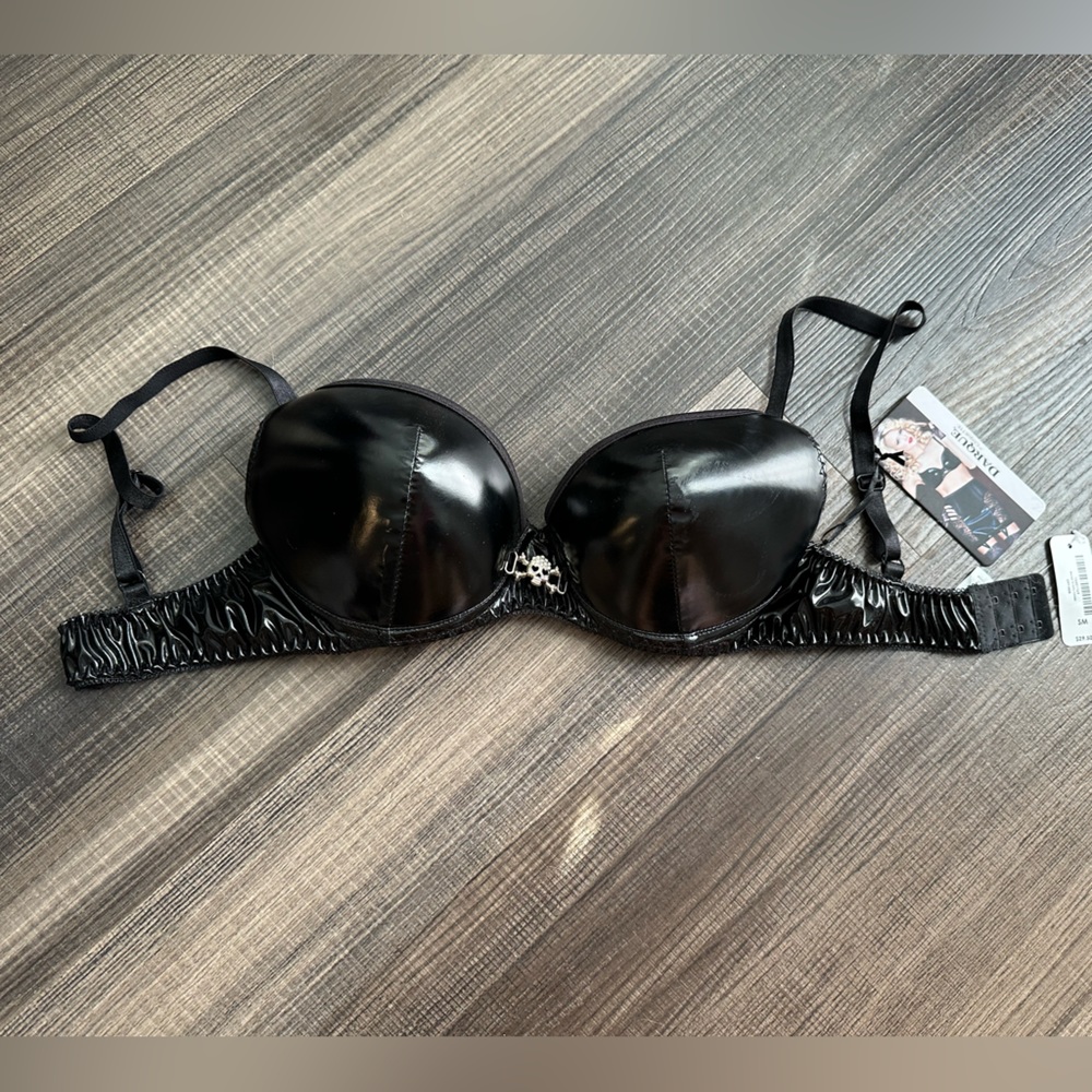 NWT - black pleather bra with skull and bone bling decor